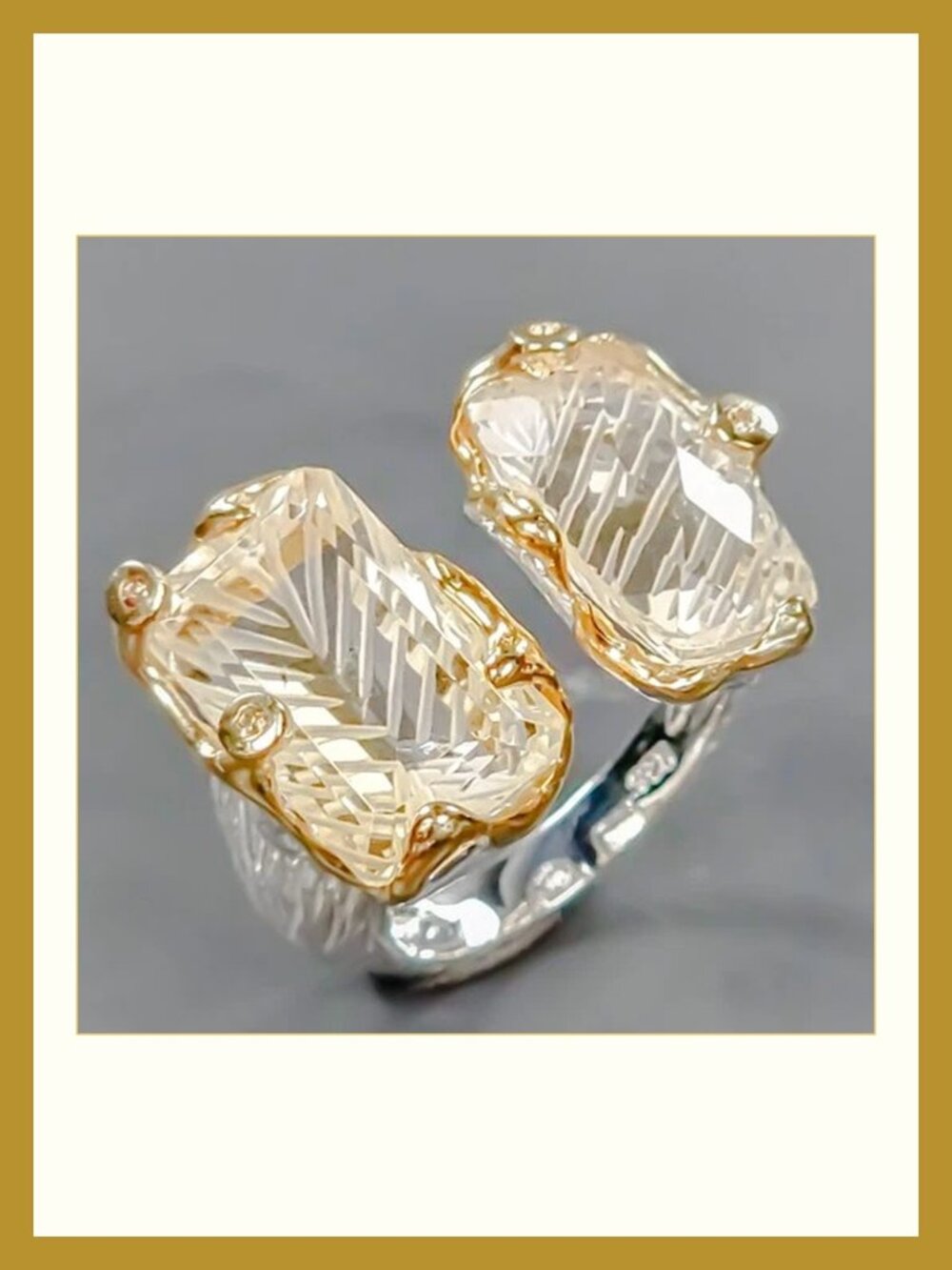 RING Carved Citrine with Cubic Zirconia Accents 925 Freesize